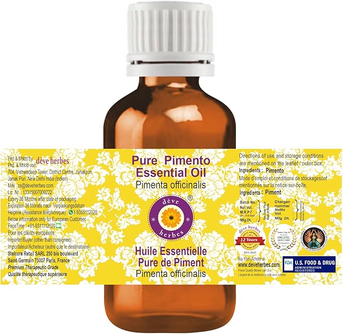 Deve Herbes Pure Pimento Essential Oil (Pimenta officinalis) Steam Distilled 100ml (3.38 oz)
