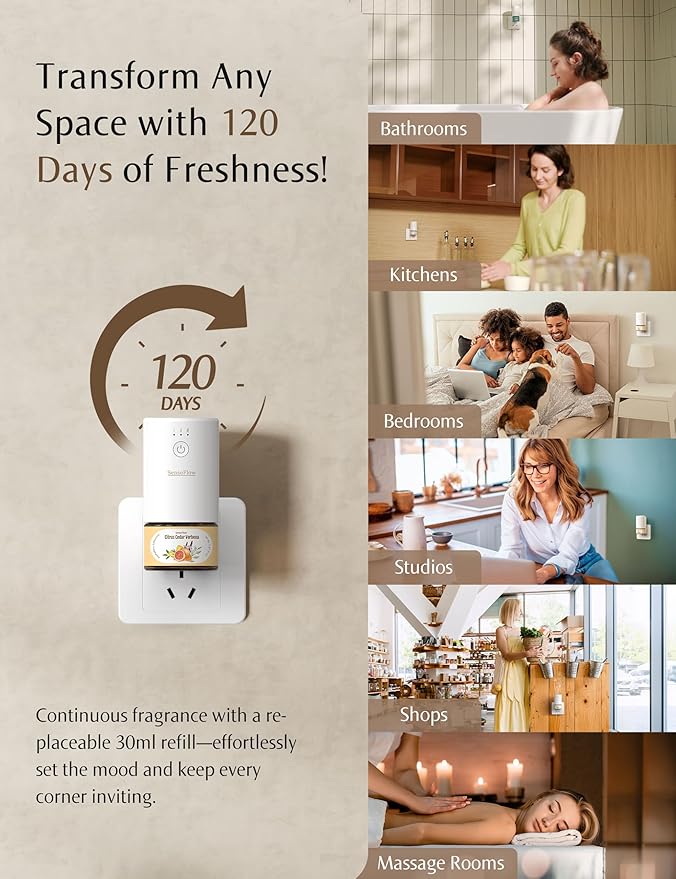 SF101 Pro Waterless Essential Oil Diffuser, Plug in Aromatherapy Diffuser & Non-Toxic air Freshener, 120-Day Natural Aroma Mist, Covers 1000 Sq Ft- Free 30ml Golden Warmth