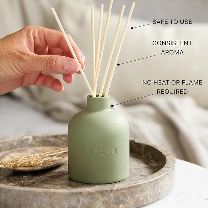 Craft & Kin Reed Diffuser for Home & Bathroom – White Birch & Cedar Holiday Reed Diffuser Set with Fragrance Sticks, Long-Lasting Alcohol-Free Winter Scent, Earthenware Collection, 6.7oz