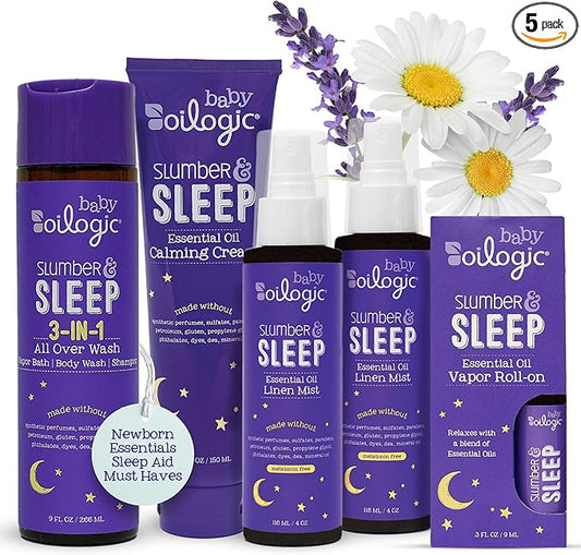 Oilogic Slumber & Sleep Bath Baby Essentials Gift Set - Includes All Over Wash, Calming Cream, Sleep Spray & Roll-On Essential Oils - Pediatrician-Tested Sleep, Comfort & Wellness Blends for Babies