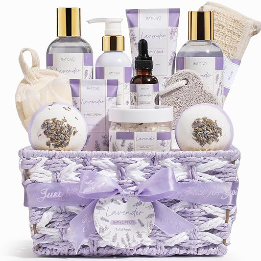 Mothers Day Birthday Gifts for Women, Lavender Relaxing Spa Gift Baskets for Women Self Care Package Bath Gift Set, Home Bath and Body Kit Pamper Gifts for Womens Her Mom Friends Wife Girlfriend Wife