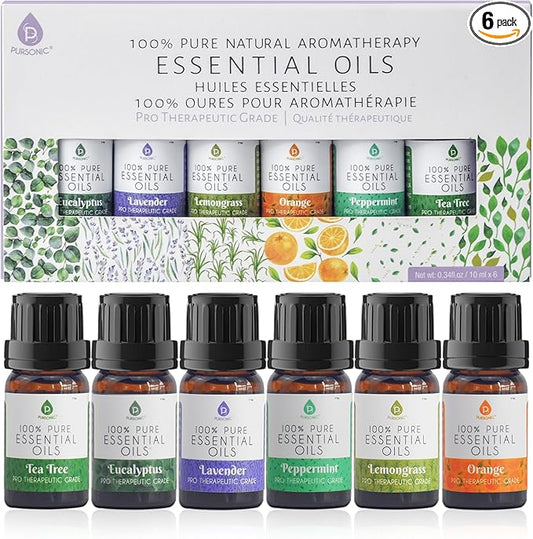 Pursonic Essential Oils Set - Top 6 Aromatherapy Blends Gift Set - 10ml 100% Pure Essential Oils for Diffusers, Home, Massage, & Bath (Eucalyptus,Lavender,Lemongrass,Orange,Peppermint,Tea Tree)
