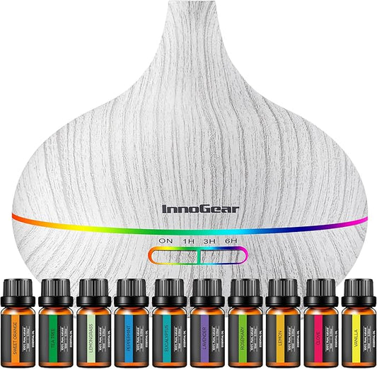 InnoGear Aromatherapy Diffuser & 10 Essential Oils Set, 400ml Diffuser Ultrasonic Diffuser Cool Mist Humidifier with 4 Timers 7 Colors Light Waterless Auto Off for Mother's Gift, White Grey