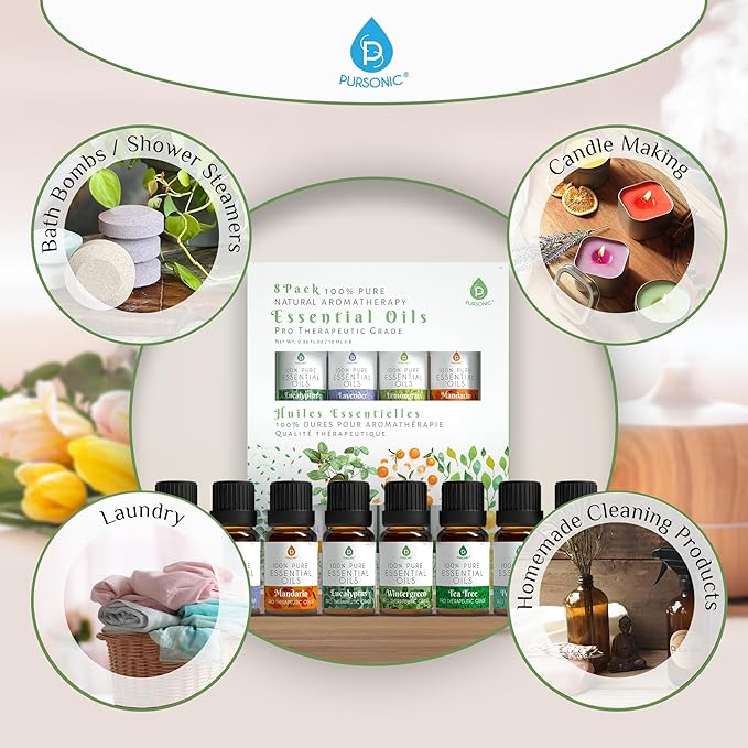 Pursonic Essential Oils Set - 8 Aromatherapy Oils Blends Gift Set - 10ml Pure Essential Oils for Diffusers, Home, Massage & Bath(Eucalyptus,Lavender,Lemongrass,Orange,Peppermint,Tea Tree,Wintergreen)