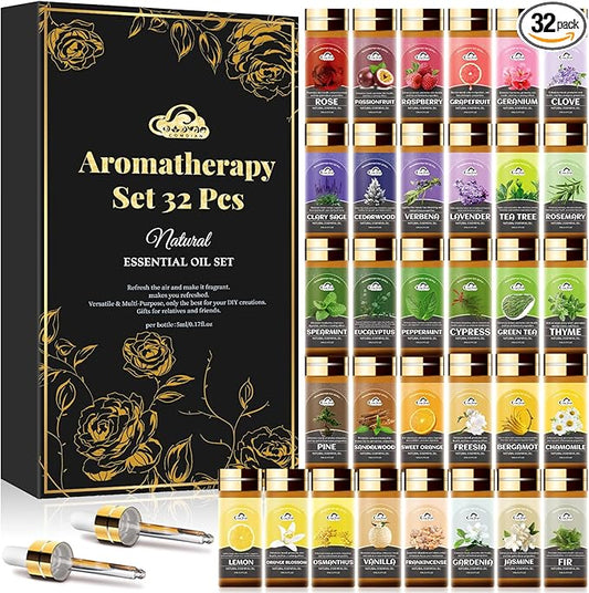 Essential Oil Set, 32 Pcs Fragrance Aromatherapy Oils for Skin, Diffusers, Home Care, Humidifier Laundry, Candle Making - Tea Tree, Sandalwood, Lavender, Vanilla, Eucalyptus and More(5mL)