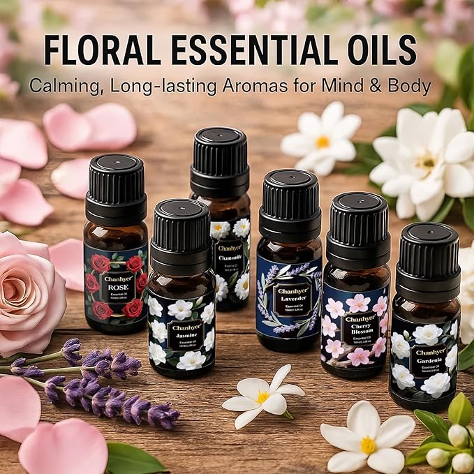 Floral Essential Oils Set 6 x 10ml–Gardenia, Jasmine, Rose, Chamomile, Cherry Blossom, Lavender–Pure Fragrance Oils for Diffuser, Aromatherapy and Gift