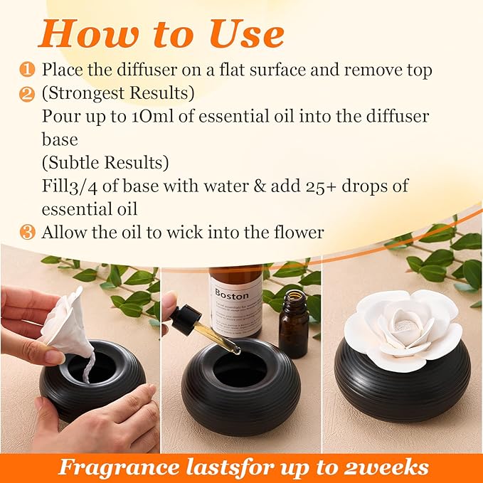 Honeydak 2 Pcs Reedless Ceramic Diffuser Set, Porcelain White Flower Aromatherapy Essential Oil Diffuser for Home Office Bathroom Tabletop Decor, Non-Electric, Valentines Day Gift (Rose)
