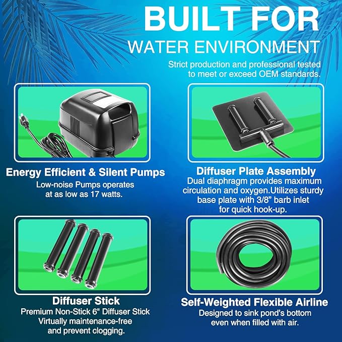 Complete Pond Aeration Kit, Water Garden Oxygenation Bubbler System Adds Oxygen to Koi & Fish Ponds, Outdoor Diaphragm Compressor Pump, Air Line & 2 Submersible Diffuser Sticks