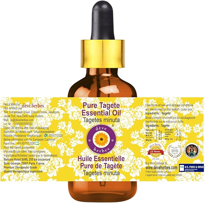 dève herbes Tagete Essential Oil (Tagetes minuta) with Glass Dropper | Pure | Non-Sticky | Non-Greasy | Lightweight | Men & Women | All Skin Types | Steam Distilled 100ml (3.38 oz)