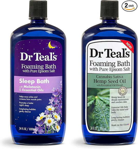 Dr. Teal's Foaming Bath Variety Gift Set (2 Pack, 34oz Ea.) - Hemp Seed Oil with Essential Oil Blend, Melatonin Nighttime Sleep Soak - Essential Oils Blended with Pure Epsom Salt Eases Pain & Stress
