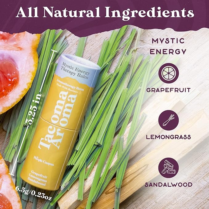 PURPLE CANYON Essential Oils Balm Stick | Mystic Energy Aromatherapy by Tacoma Aroma | Beeswax Body | Grapefruit, Lemongrass & Sandalwood Essential Blend For Mindfulness | 6.5 grams