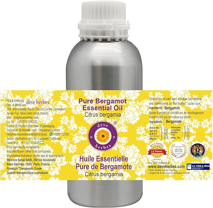 Deve Herbes Pure Bergamot Essential Oil (Citrus bergamia) Premium Therapeutic Grade Steam Distilled for Personal Care 300ml (10 oz)