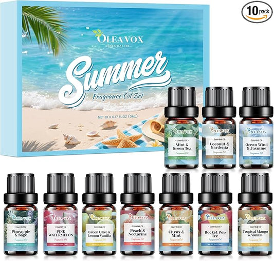 Summer Essential Oils Set, Tropical Fragrance Oils for Diffusers for Home, Scented Oil for Candle & Soap Making, Coconut & Gardenia,Ocean Wind & Jasmine More 10x5ml Aromatherapy Oils Gift for Women