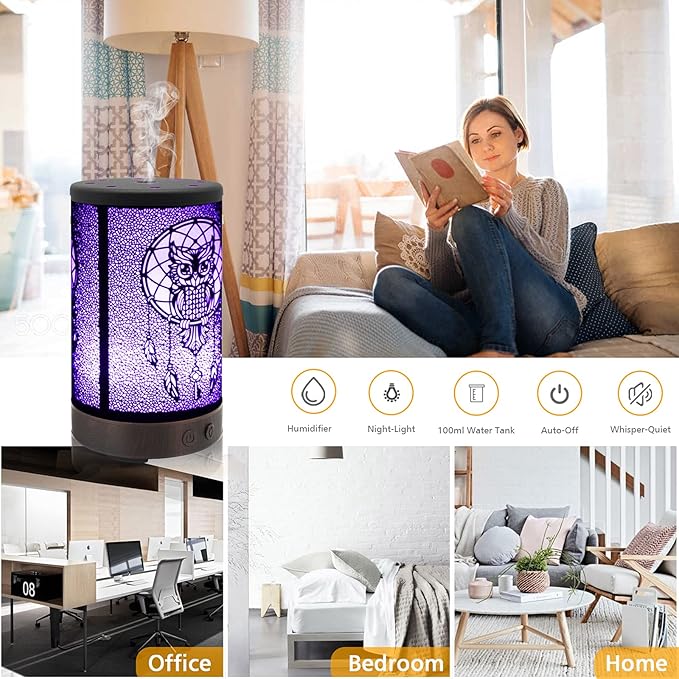 Owl Essential Oil Diffuser, DAROMA 100ml Metal Aromatherapy Ultrasonic Cool Mist Humidifier Air Scent Home Office Gift, 7 Colors Changed LED Mood Light, Waterless Auto-Off