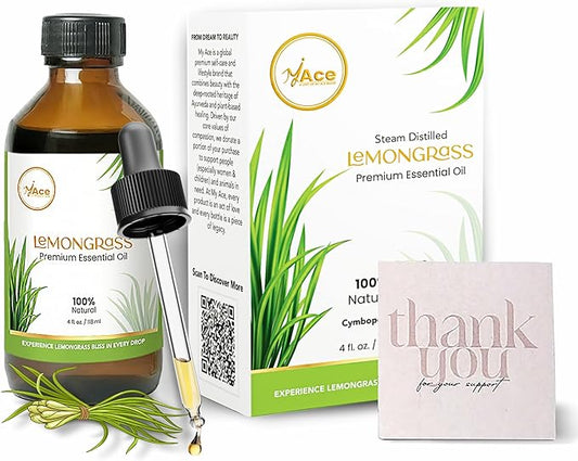 My Ace Lemongrass Essential Oil – 100% Pure & Natural, Steam Distilled, Therapeutic Grade for Diffusers, Aromatherapy, Soap & Candle Making, Non-GMO, Vegan – 4 fl oz