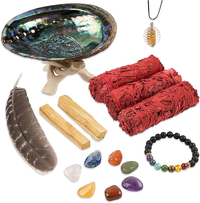 Wish Well Sage Smudge Kit - 3 Dragons Blood Sage Sticks, 2 Palo Santo Sticks, Abalone Shell, Stand, Feather, 7 Chakra Stones & Crystal Bracelet ~ Sage Incense Sticks for Cleansing House & Meditation