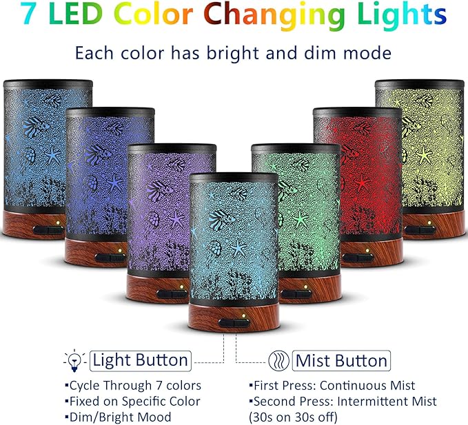 EQUSUPRO Essential Oil Diffuser Electric Cool Mist Aroma Diffuser with Intermittent Mode, Auto Shut-Off Protection, 7 Colors Changing LED Light for Home Office Decor & Gift (Sea)