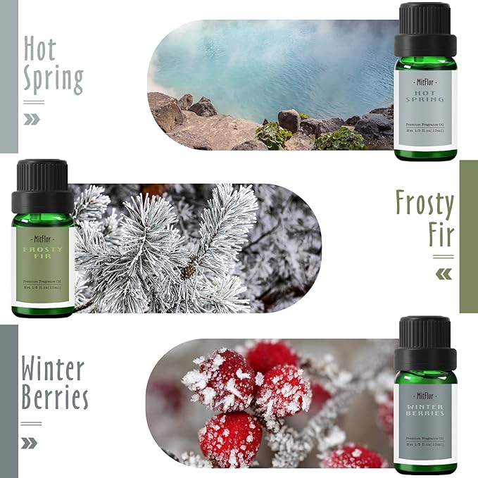 Fragrance Oils, MitFlor Winter Essential Oils for Diffusers for Home, 6 x10ml, Soap & Candle Making Scents, Premium Holiday Aromatherapy Gift Set -Frosty Fir, Hot Spring, Fireplace & More