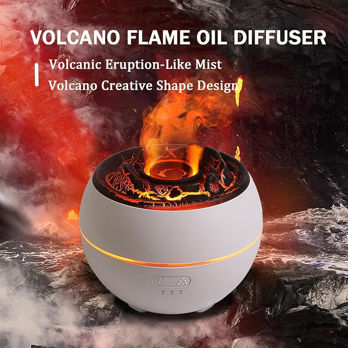 Volcano Essential Oil Diffuser, Volcano Flame Aromatherapy Diffuser, 7 Colors Fire Light & 4 Essential Oils, 360ml Auto-Off Cool Mist Ultrasonic Humidifier/Diffuser for Home Party Holiday