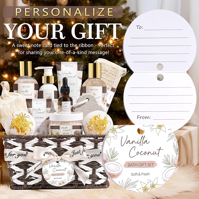 Mothers Day Birthday Gifts for Women, Vanilla Coconut Relaxing Spa Gift Baskets for Women Self Care Package Bath Gift Set, Home Bath and Body Kit Pampering Gifts for Womens Her Mom Friends Sister Wife
