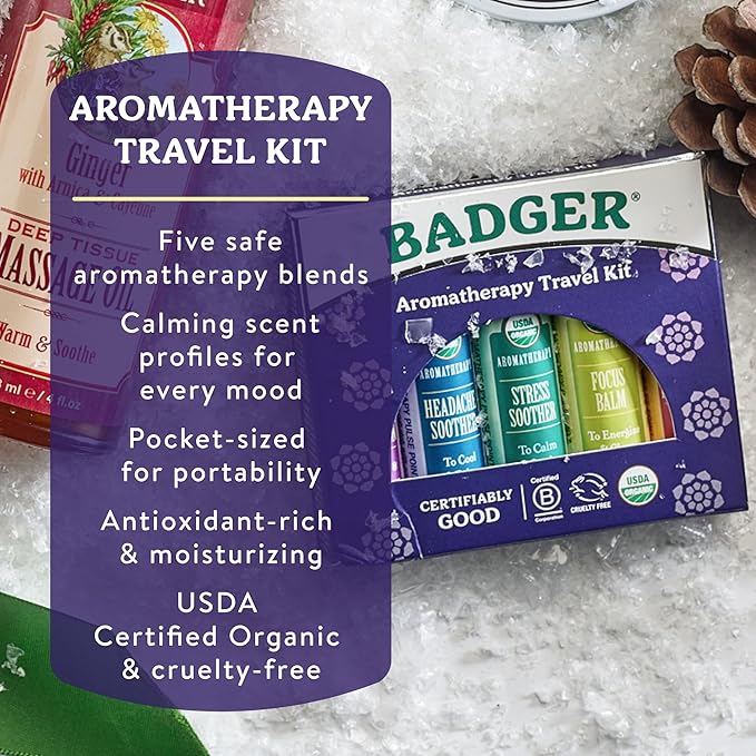 Badger Aromatherapy Travel Set, Organic Essential Oil Balm Variety Pack, Aromatherapy Gift Set, 1 Cheerful Mind, 1 Stress Soother, 1 Focus Balm, 1 Headache Soother, 1 Yoga & Meditation Balm, 5-Pack