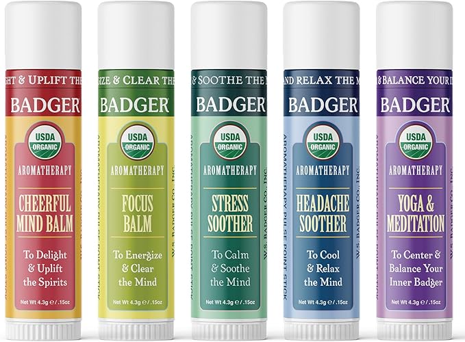 Badger Aromatherapy Travel Set, Organic Essential Oil Balm Variety Pack, Aromatherapy Gift Set, 1 Cheerful Mind, 1 Stress Soother, 1 Focus Balm, 1 Headache Soother, 1 Yoga & Meditation Balm, 5-Pack