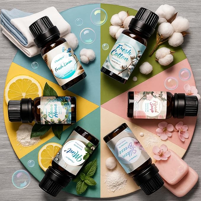 Clean Essential Oils Set 6 x 10ml–Fresh Linen, Mint,Clean Home,Silken Breeze, Fresh Cotton, Floral Soap for Diffuser, Home Fragrance