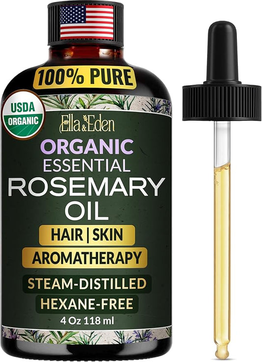 Ella & Eden Organic Rosemary Essential Oil - BIG 4 Fl Oz bottle, 100% Pure, Steam-Distilled, Hexane-Free - for Hair Growth, Skin, Aromatherapy - Glass Bottle