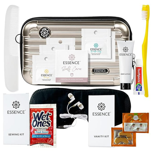 Essence Travel Amenity Kit | Travel Essentials & Travel Size Toiletries Kit | 5-Pack Nasal Diffuser Rings, Sleep Mask, Lotion & Hygiene Kit | Travel Toiletry Kit for Women | Gold Case