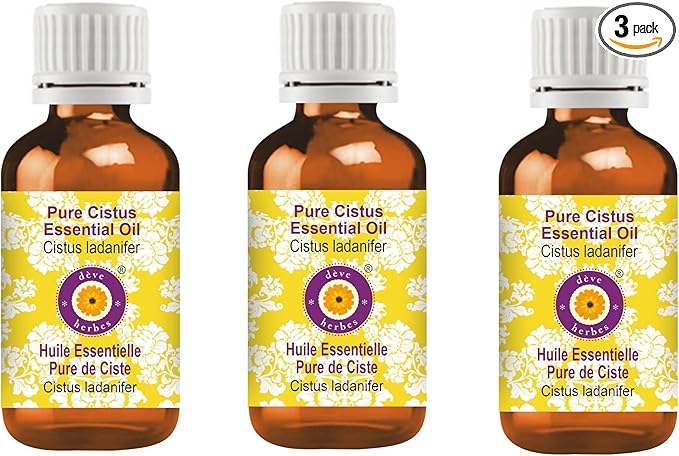 Deve Herbes Pure Cistus Essential Oil (Cistus ladanifer) Steam Distilled (Pack of Three) 100ml X 3 (10 oz)