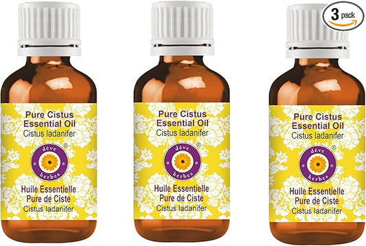 Deve Herbes Pure Cistus Essential Oil (Cistus ladanifer) Steam Distilled (Pack of Three) 100ml X 3 (10 oz)