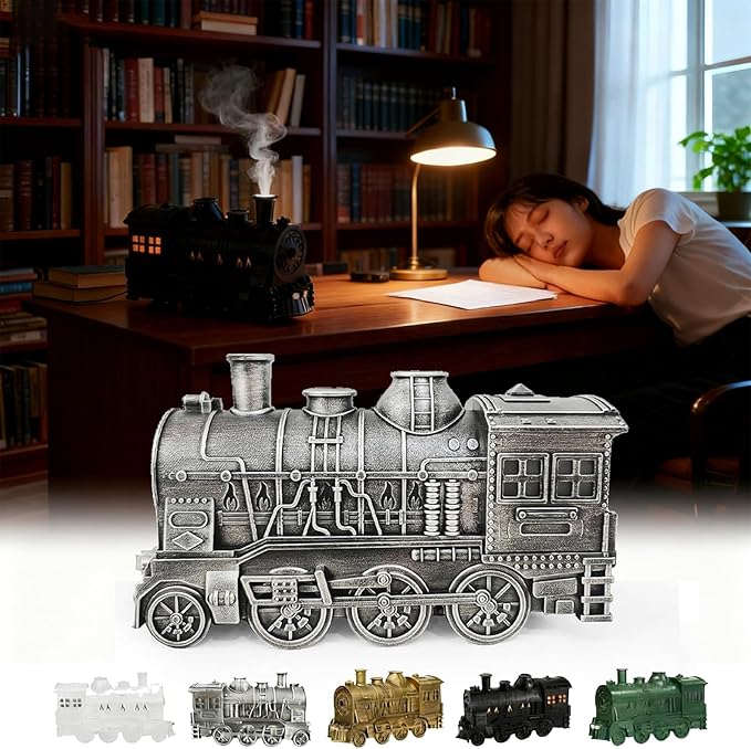 2026 New Train Diffuser, 300ml Train Essential Oil Diffuser – Aromatherapy Humidifier with Dual-Color LED Light, Ultrasonic Cool Mist, Quiet Auto Shut-Off Steam for Home & Office (Silver, Basic)