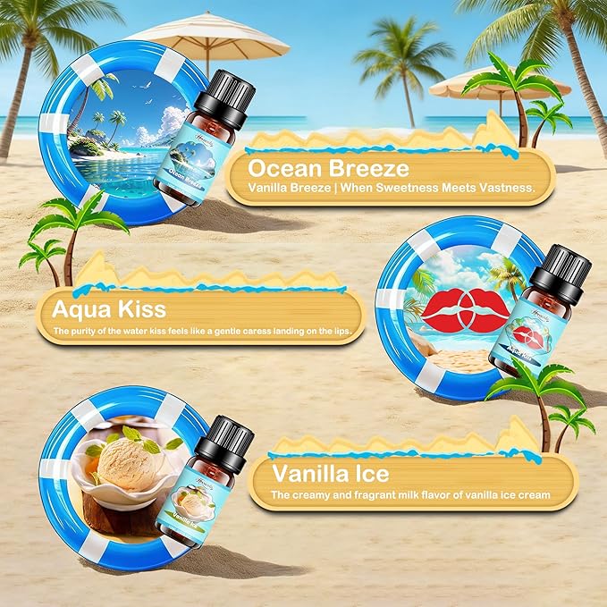 Summer Fragrance Oils Set, Premium Essential Oils for Diffuser, Natural Aromatherapy Oils for Soap Candle Making - Ocean Breeze, Coconut, Pineapple, Bali Island, Vanilla Ice Cream, Aqua Kiss