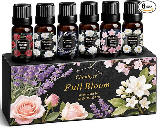 Floral Essential Oils Set 6 x 10ml–Gardenia, Jasmine, Rose, Chamomile, Cherry Blossom, Lavender–Pure Fragrance Oils for Diffuser, Aromatherapy and Gift