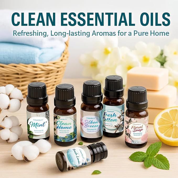Clean Essential Oils Set 6 x 10ml–Fresh Linen, Mint,Clean Home,Silken Breeze, Fresh Cotton, Floral Soap for Diffuser, Home Fragrance