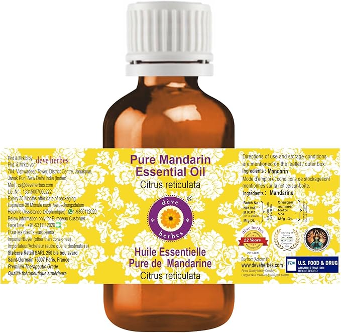 Deve Herbes Pure Mandarin Essential Oil (Citrus reticulata) Steam Distilled 100ml (3.38 oz)