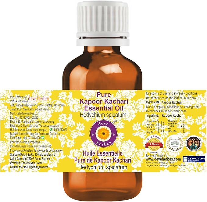 Deve Herbes Pure Kapoor Kachari Essential Oil (Hedychium spicatum) Steam Distilled 50ml (1.69 oz)