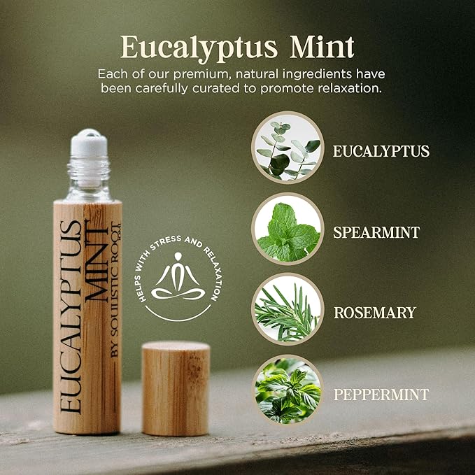 Soulistic Root Eucalyptus Mint Essential Oil Roll On – Aromatherapy Blend w/Peppermint, Spearmint, Rosemary – Breathe Rollerball for Self Care, Spa, Energy, Wellness – 10ml Bottle - for Men & Women