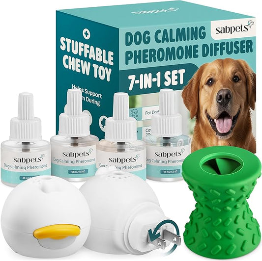 Dog Calming Diffuser Kit with Toy – Helps Reduce Barking, Pee Accidents & Separation Anxiety – Pheromone Plug-in for Dogs – 2 Diffusers + 4 Refills