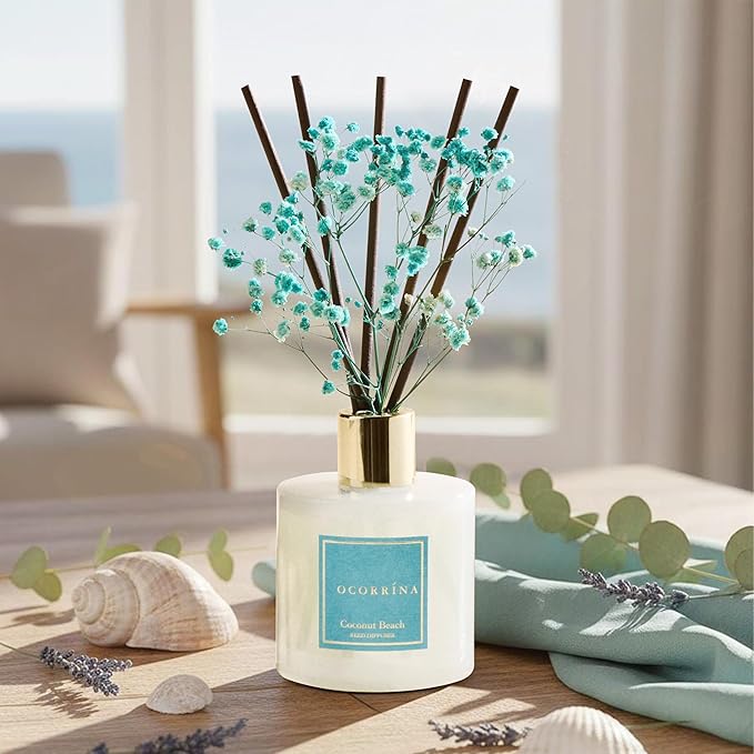 COCORRÍNA Reed Diffuser - Coconut Beach 6.7 fl oz Reed Diffuser with Sticks, Bedroom Bathroom Shelf Decor