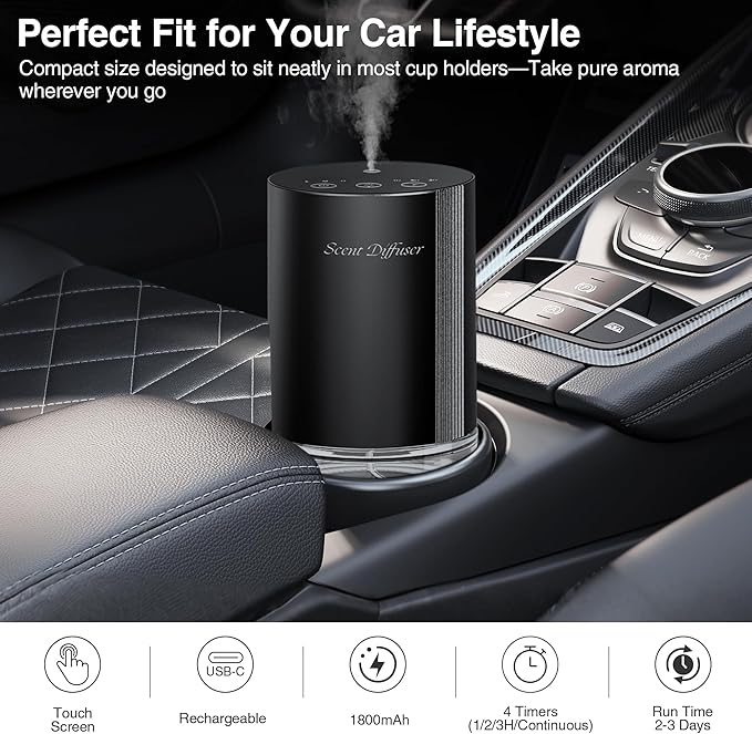 Waterless Essential Oil Diffuser Stater Kit - Included 3x20mL Essential Oils, Battery Operated, Cold Air Scent Diffuser for Home, Car, Office, Portable Diffuser with 7-Color Light, 100mL, Black