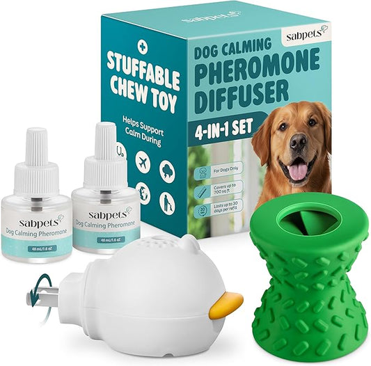 Dog Calming Diffuser Kit with Toy – Helps Reduce Barking, Pee Accidents & Separation Anxiety – Pheromone Plug-in for Dogs – 1 Diffuser + 2 Refills