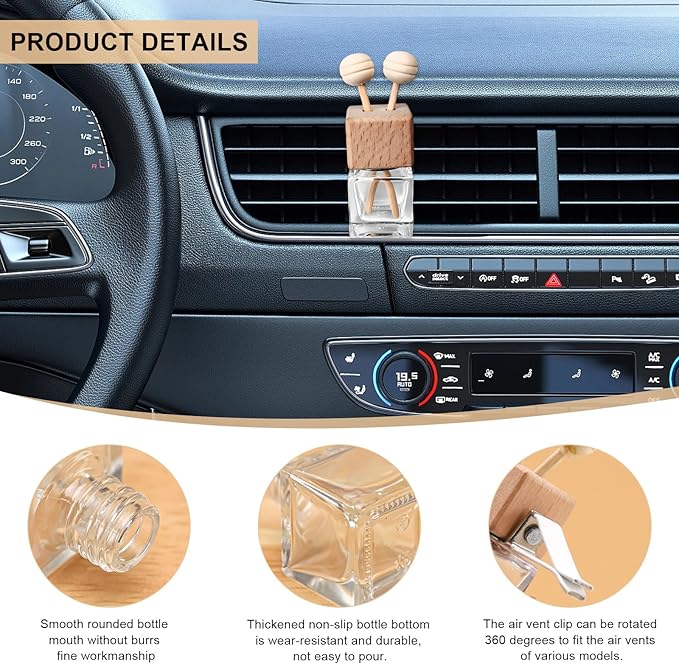 KVAEY 2PCS Car Diffuser Air Freshener Bottle, Refillable Empty Glass Perfume Bottles with Vent Clip, Universal Essential Oil Diffuser for Most Vehicles, Interior Car Accessories (2PCS)