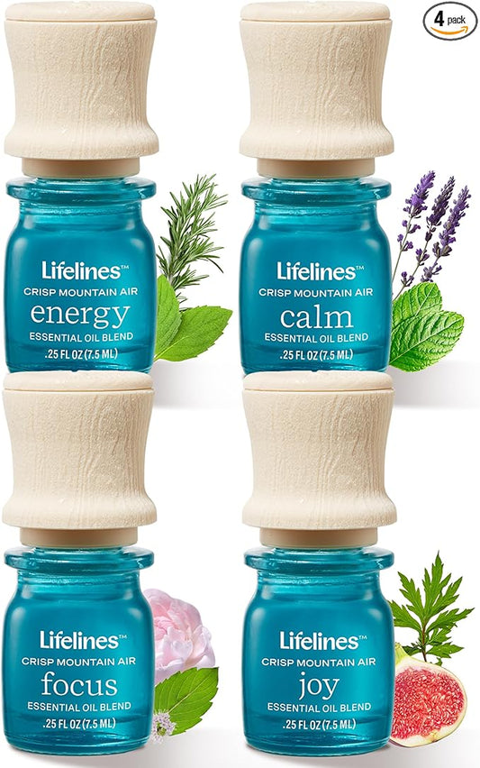 Lifelines Essential Oil Blends, 4-Pack - Blended Essential Oils with Precision Pump for Aromatherapy Diffusers - Long-Lasting Scented Fragrance - Crisp Mountain Air (Joy, Calm, Focus & Energy)