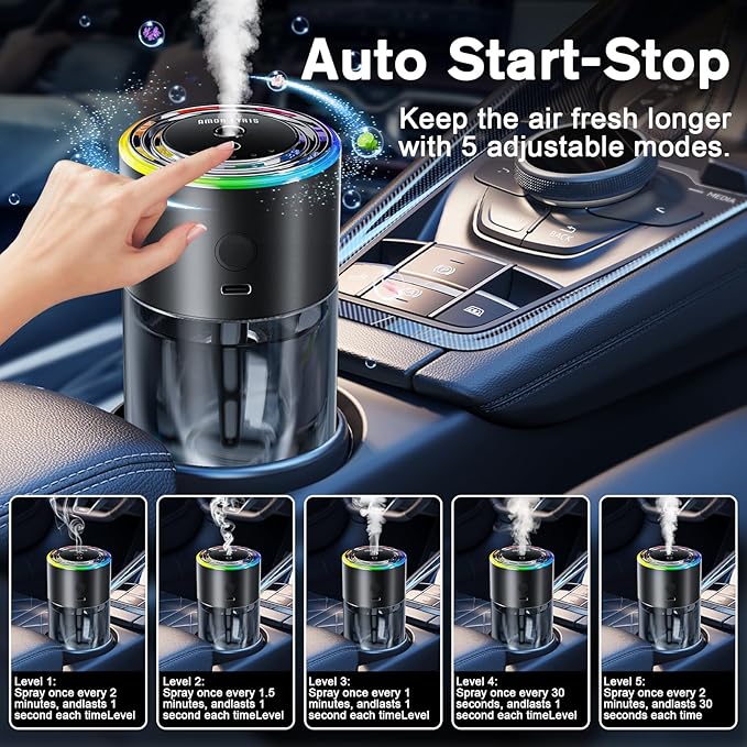 Amor Lyris Smart Car Air Freshener Diffuser, 5.7 fl oz Car Diffuser, Ultrasonic Mist, Long-Lasting Car Air Freshener up to 6 Months, RGB Light, Auto On/Off, Rechargeable Mahogany Teakwood Freshener