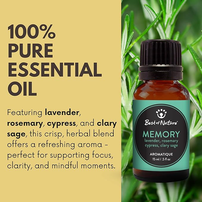 Best of Nature Memory Essential Oil Blend – 100% Pure for Diffuser, Aromatherapy & Focus – Herbal, Refreshing Scent with Lavender, Rosemary, Cypress & Clary Sage
