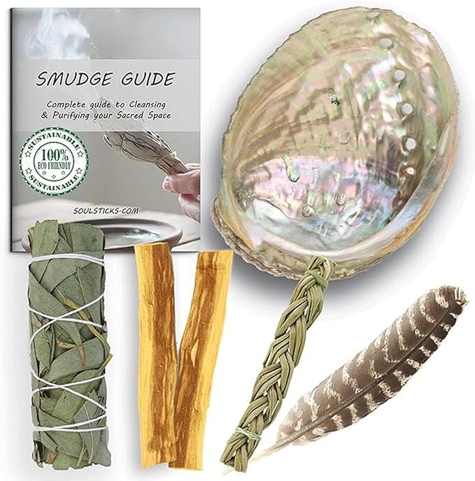 Ancient VEDA Healer's Kit: Complete Sage Smudge Kit Bundle w/Abalone Shell, Palo Santo, Sweetgrass, Turkey Feather & Guidebook – Spiritual and Energy Cleansing, Ritual Supplies, Smudging Essentials