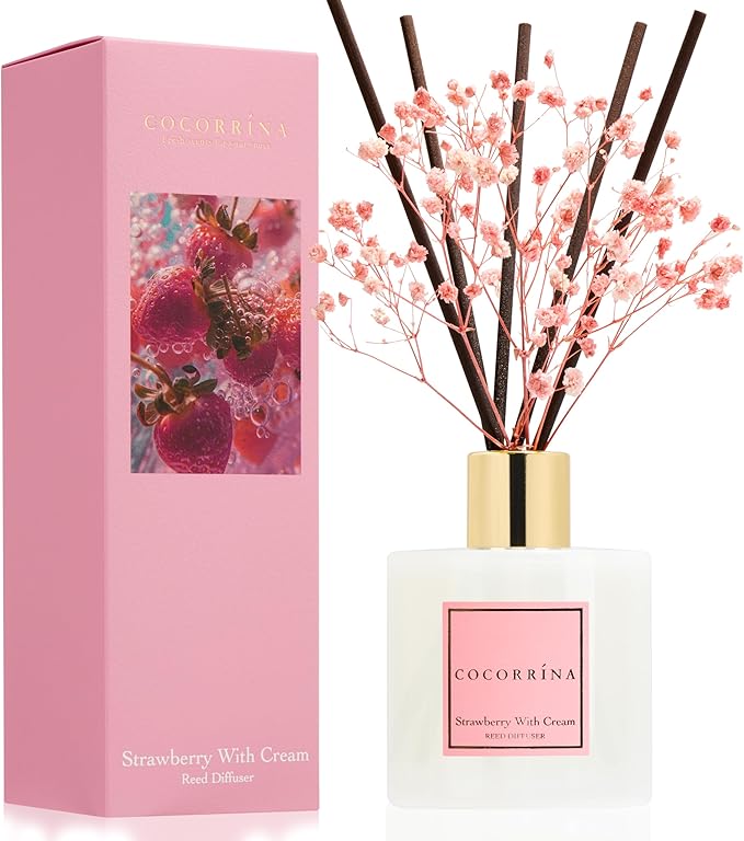 COCORRÍNA Reed Diffuser - Strawberry with Cream 6.7 fl oz Reed Diffuser with Sticks, Bedroom Bathroom Shelf Decor