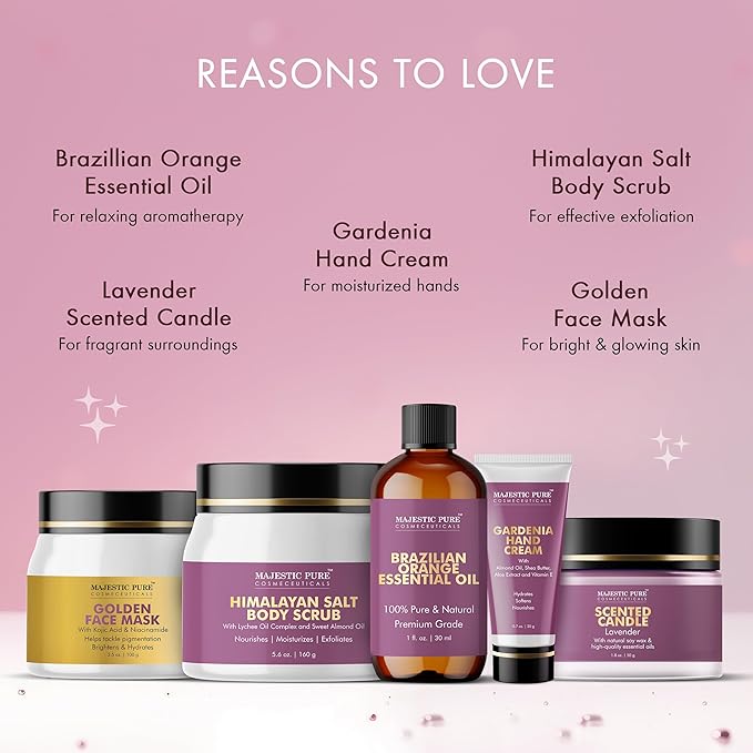 Majestic Pure Christmas Day Gift Set set of 5- (Brazilian Orange oil 1oz, Scented Candle - 50g, Gardenia Hand Cream - 20g, Himalayan Salt Body Scrub - 160g, Gold Face Mask - 100g)
