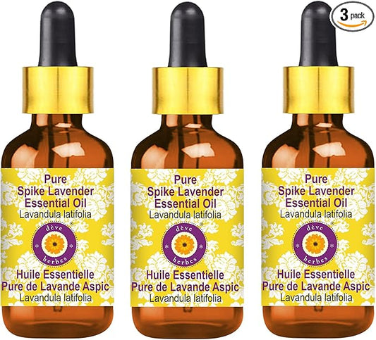 Deve Herbes Pure Spike Lavender Essential Oil (Lavandula latifolia) with Glass Dropper Steam Distilled (Pack of Three) 100ml X 3 (10 oz)